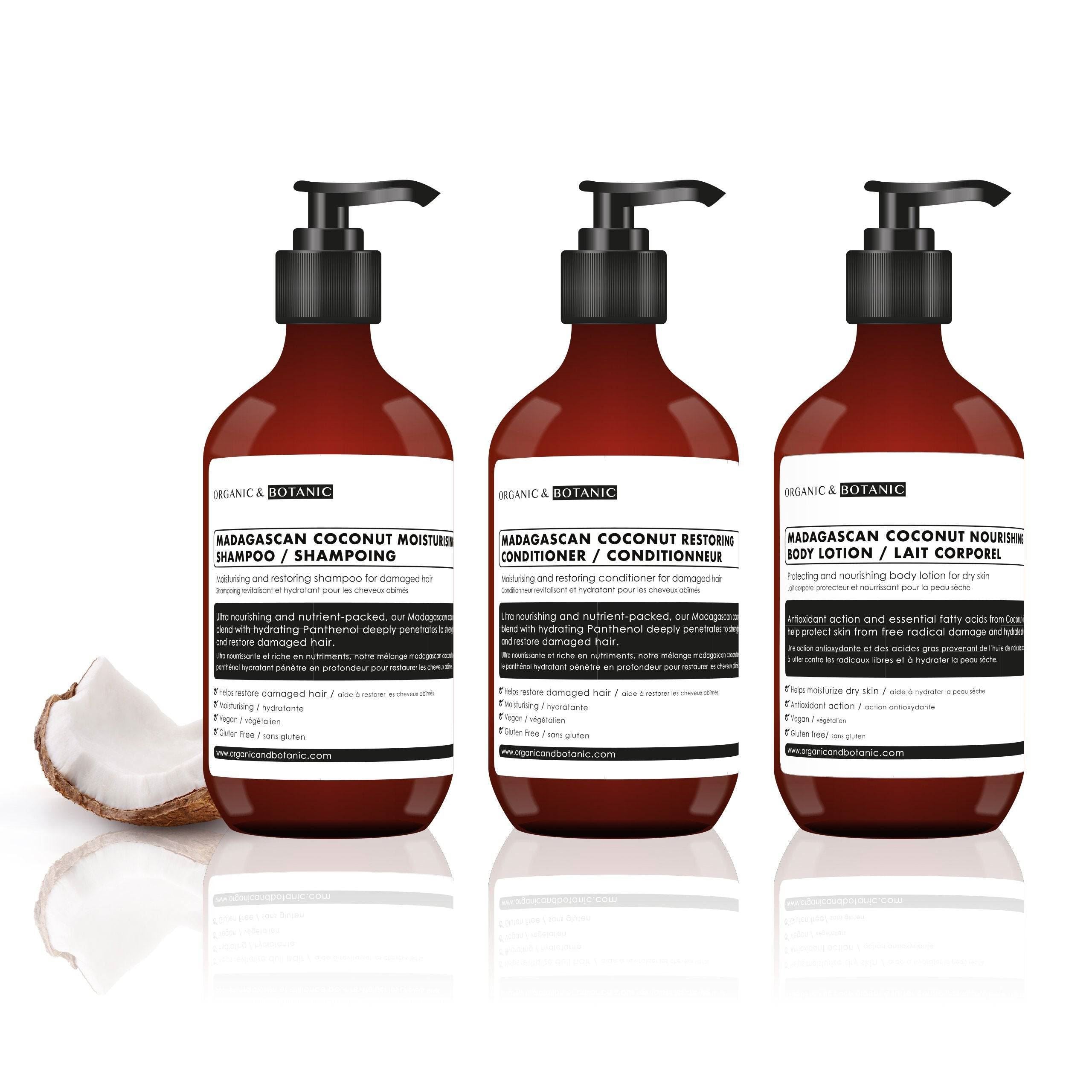 Kit de champú, acondicionador y loción corporal nutritiva de coco de Madagascar