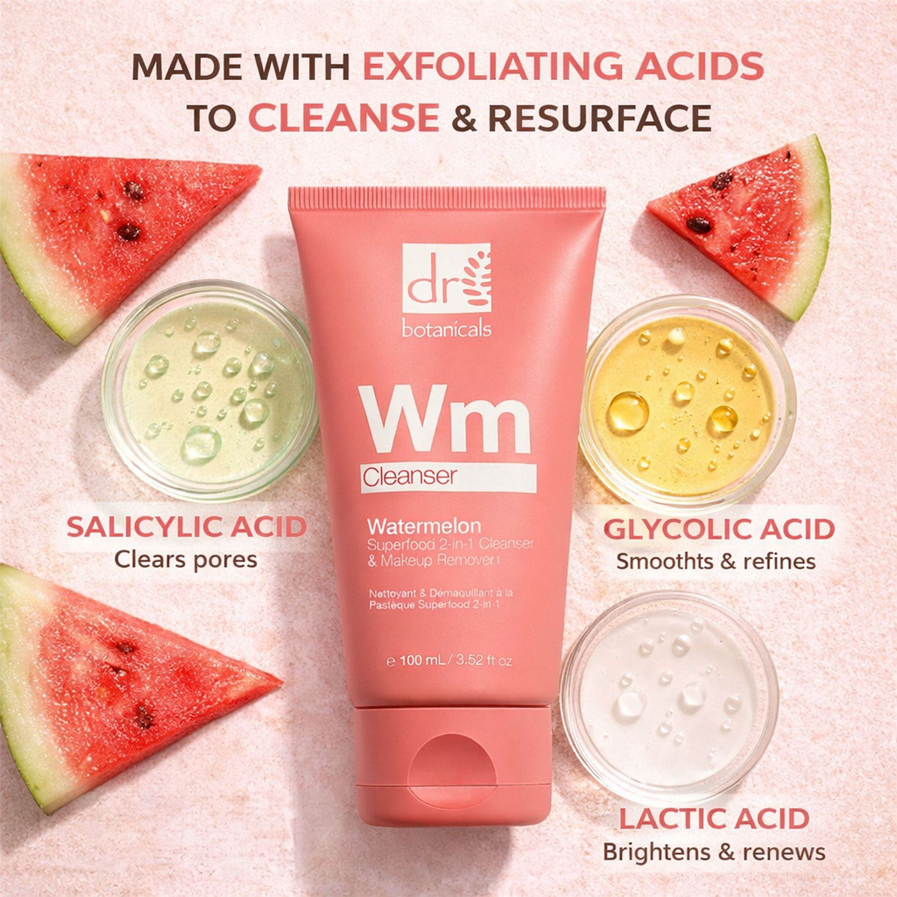 Watermelon 2-in-1 Cleanser & Makeup Remover with Glycolic Acid, Salicylic Acid and Lactic Acid 100ml Duo Set
