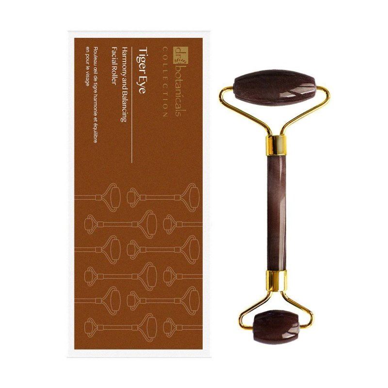 Rodillo facial de armonía y equilibrio de ojo de tigre (mango de metal dorado)