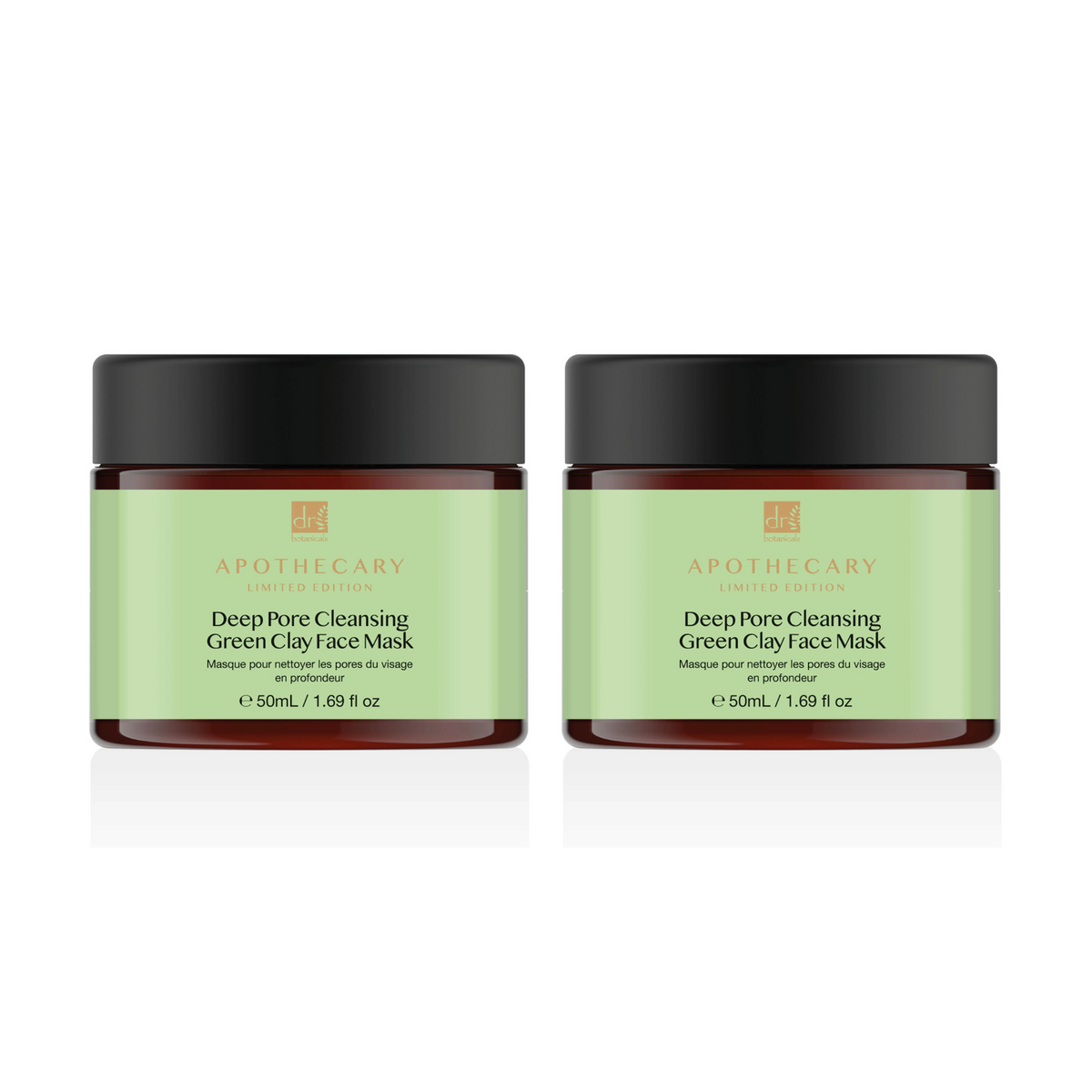 Two jars of Dr. Botanicals Deep Pore Cleansing Green Clay Face Mask, each 50ml, with a green label and dark brown packaging.