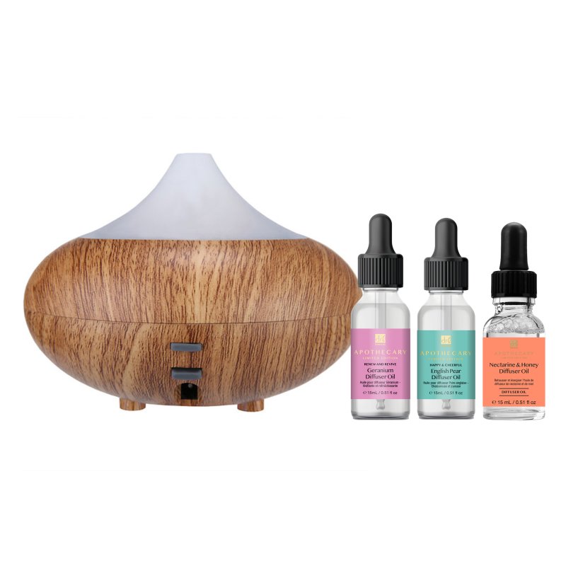 Wooden Aroma Diffuser + Oils Kit: Geranium, English Pear, Nectarine & Honey - Dr Botanicals