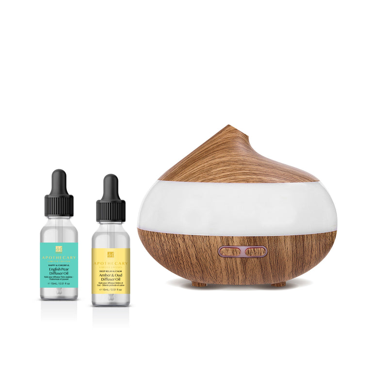 Dr Botanicals Wooden Aroma Diffuser + Happy and Cheerful English Pear Diffuser Oil + Deep relax and Calm Amber & Oud Diffuser Oil