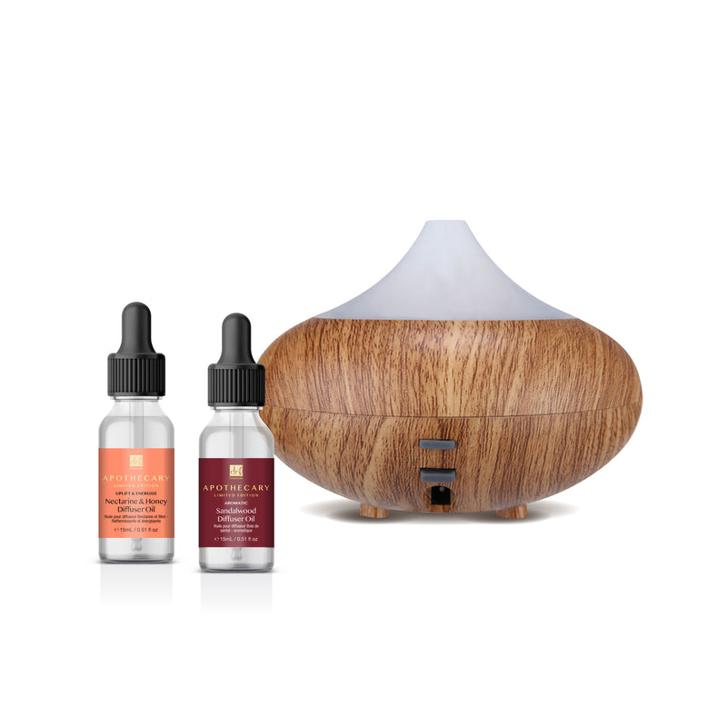 Dr Botanicals Wooden Aroma Diffuser Clear Top + Aromatic Sandalwood Diffuser Oil + Uplift and Energise Nectarine and Honey Diffuser Oil